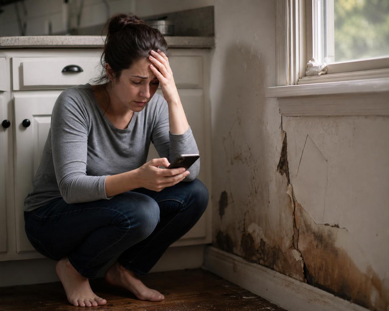Homeowner crouched on a kitchen floor next to water-damaged drywall, checking her phone